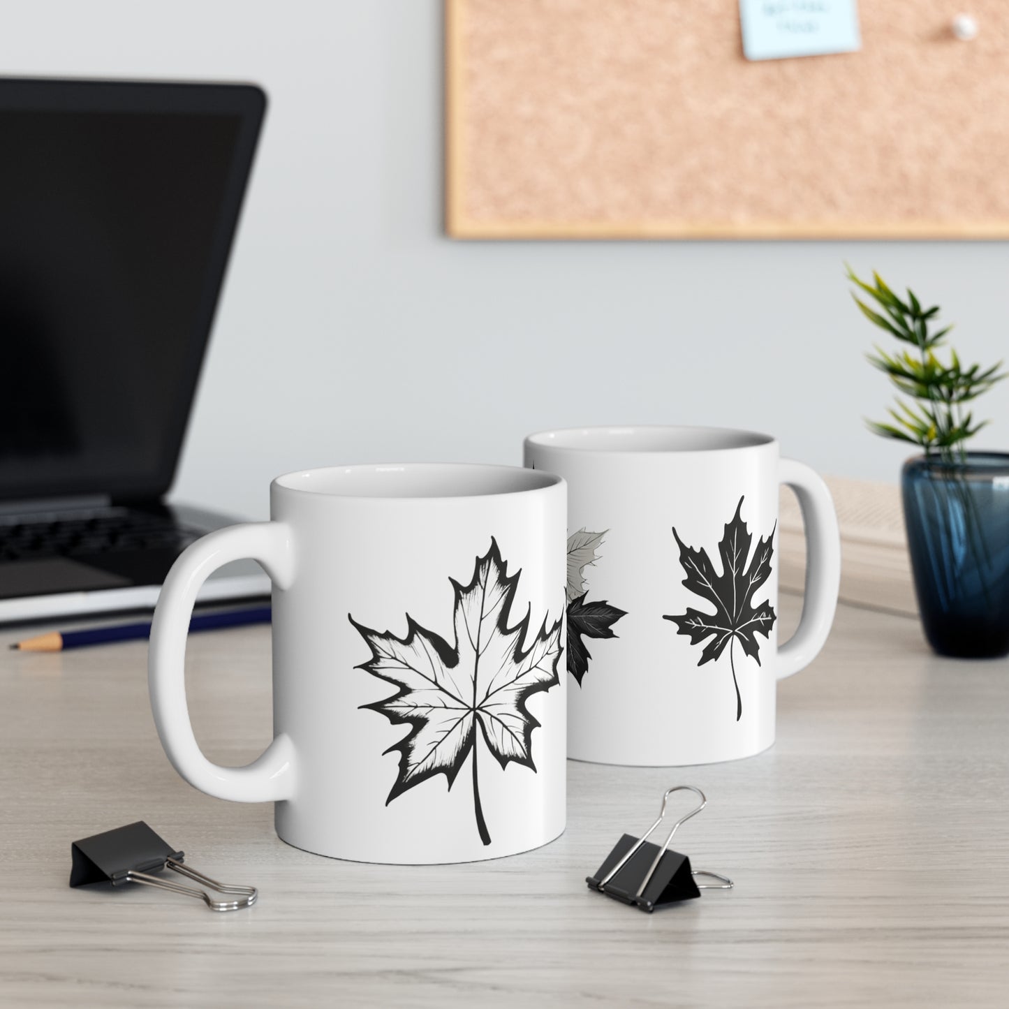 Black and White Maple Leaf Mug - Ceramic Coffee Mug 11oz