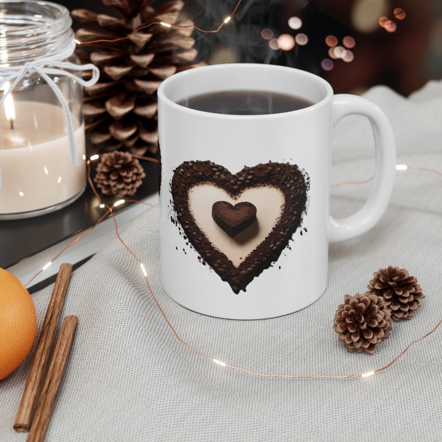 Grounded Coffee Beans Love Heart Mug - Ceramic Coffee Mug 11oz