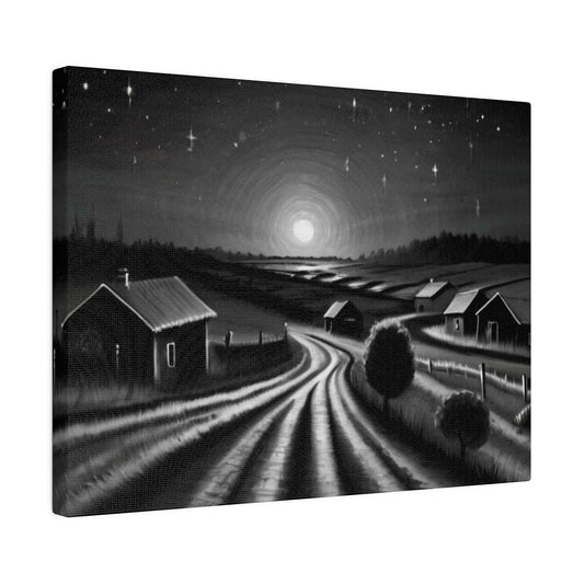 Black and White Empty Village At Night Canvas - Matte Canvas, Stretched, 0.75"