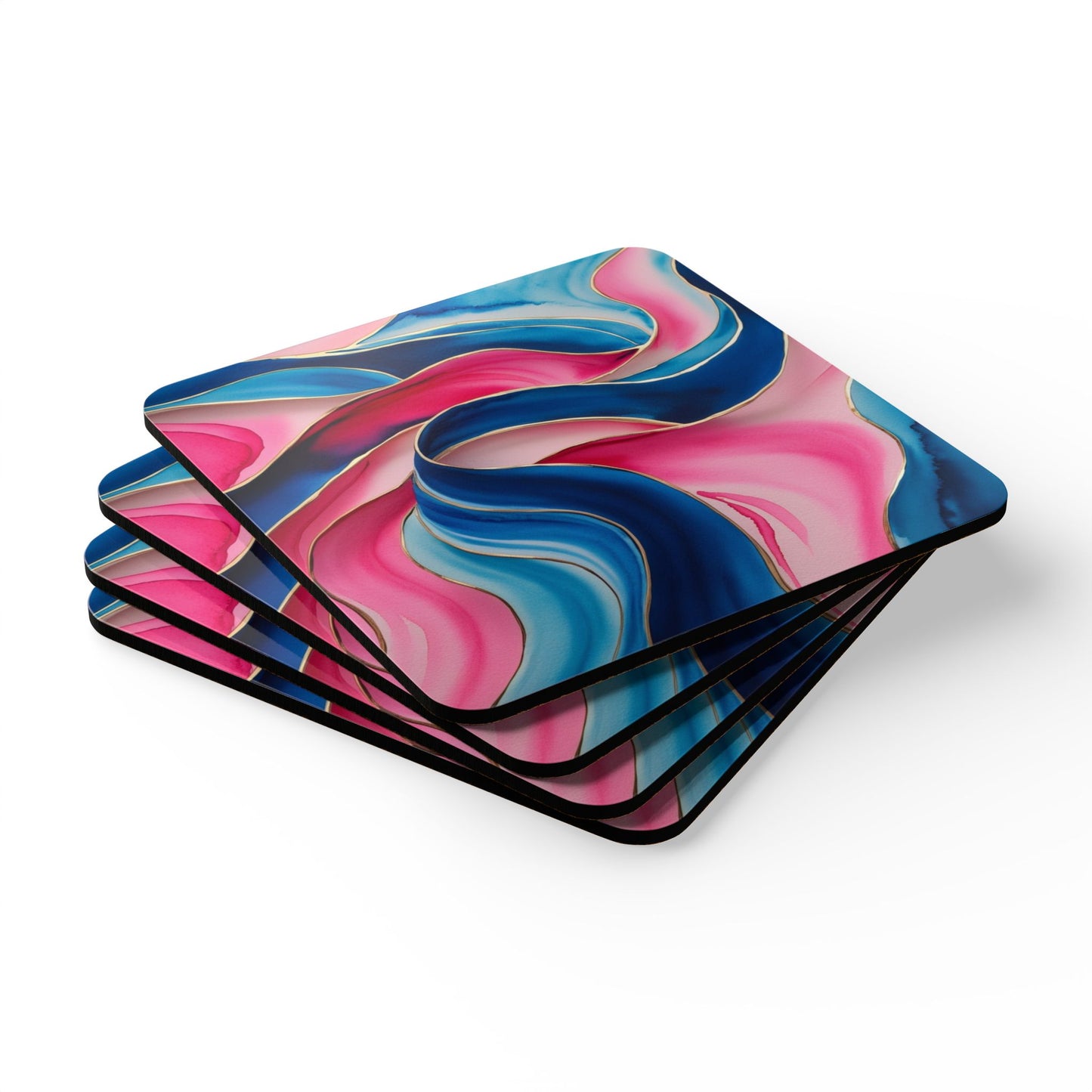 Blue and Pink Watercolour Wavey Patterns - Corkwood Coaster Set