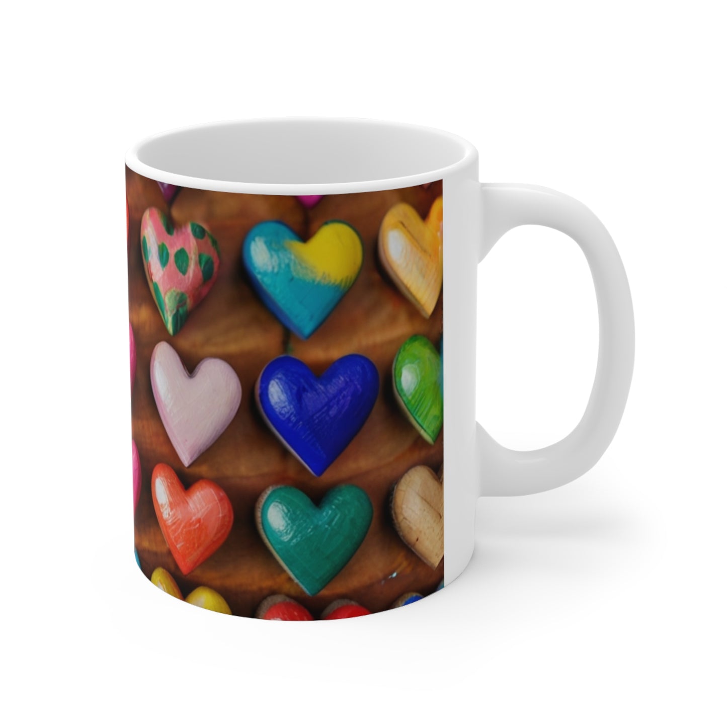 Colourful Wooden Love Hearts Mug - Ceramic Coffee Mug 11oz