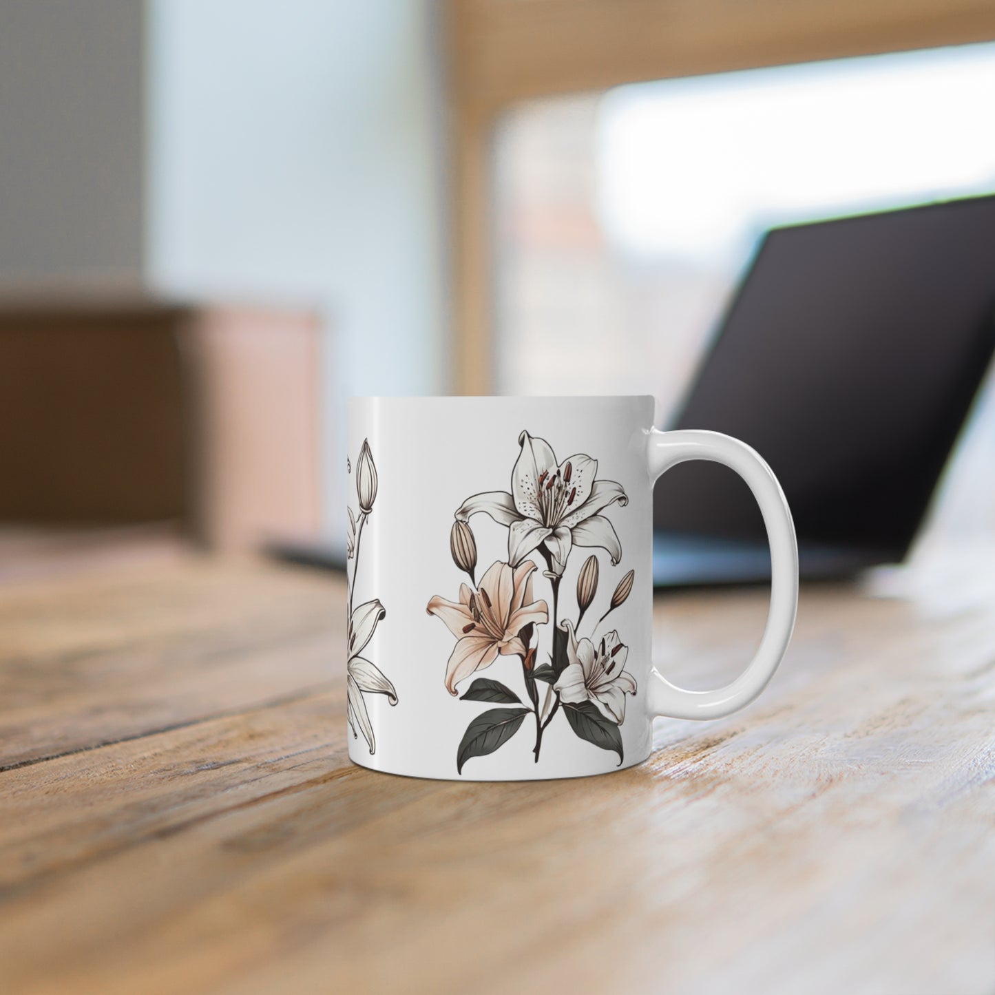 White Lily Flower Mug - Ceramic Coffee Mug 11oz