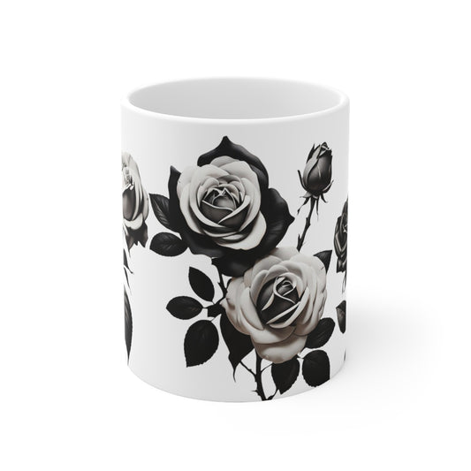 Black and White Roses Mug - Ceramic Coffee Mug 11oz
