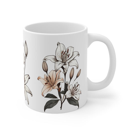 White Lily Flower Mug - Ceramic Coffee Mug 11oz