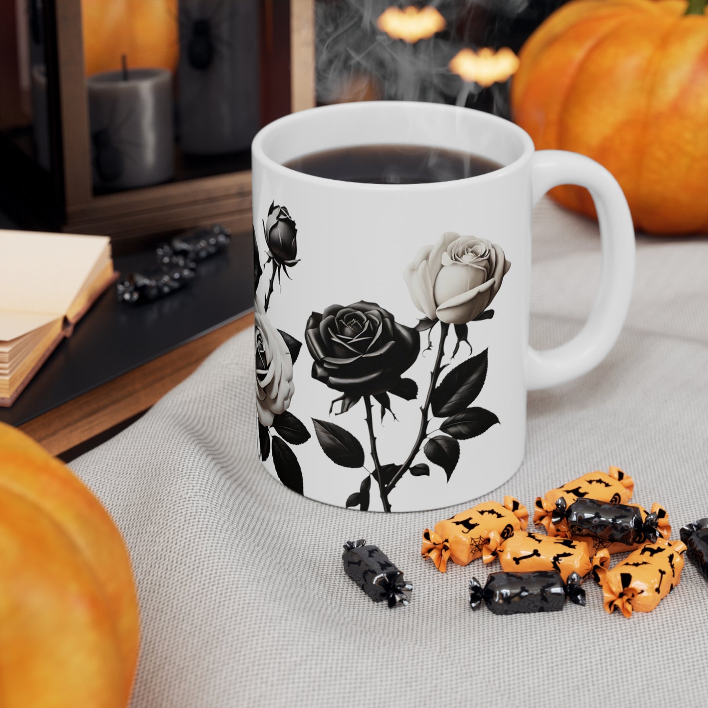 Black and White Roses Mug - Ceramic Coffee Mug 11oz