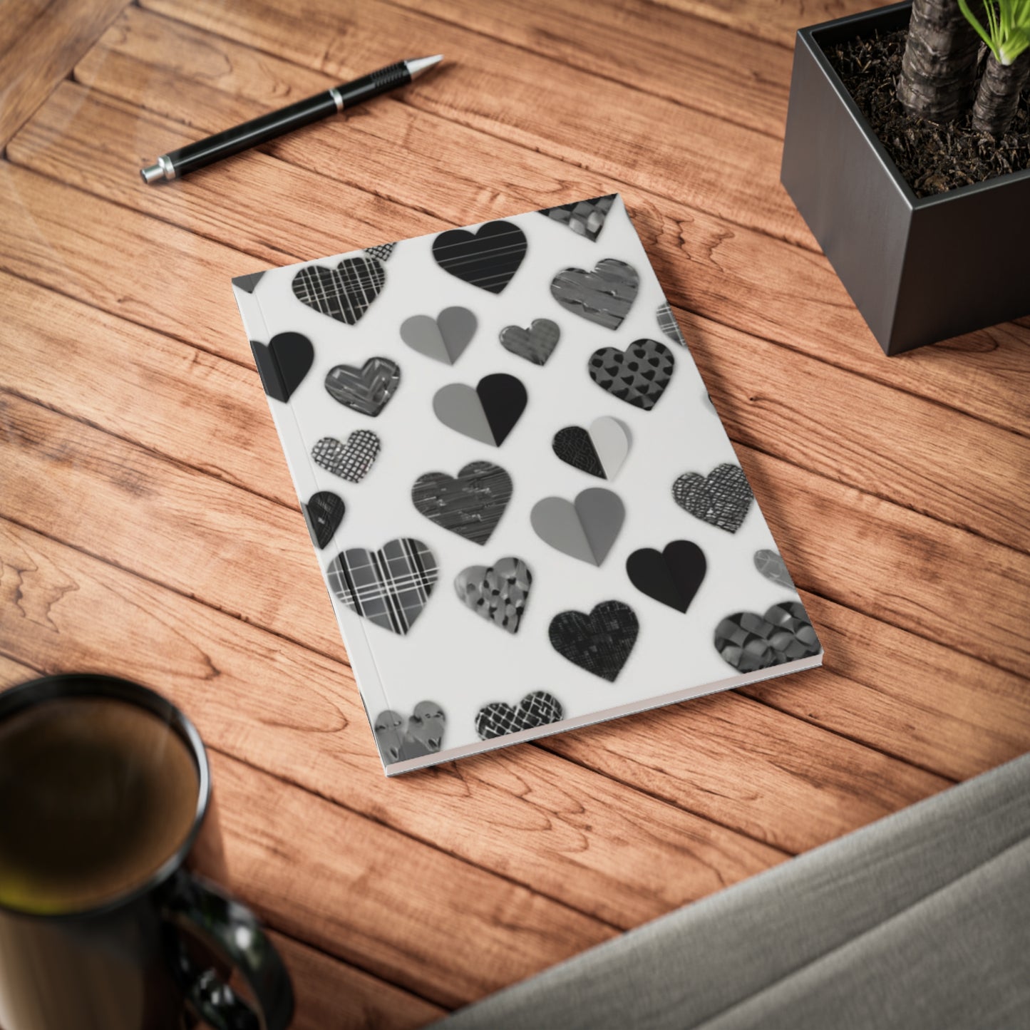 Greyscale Small Love Hearts - Softcover Notebook, A5