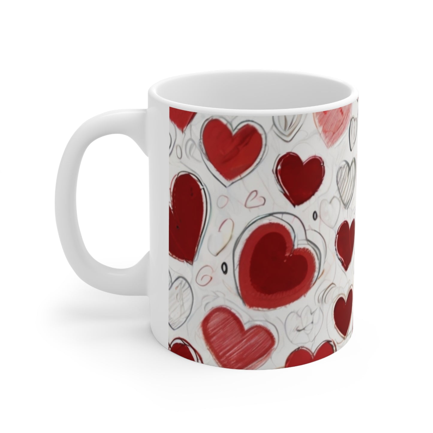 Sketched Red Love Hearts Mug - Ceramic Coffee Mug 11oz