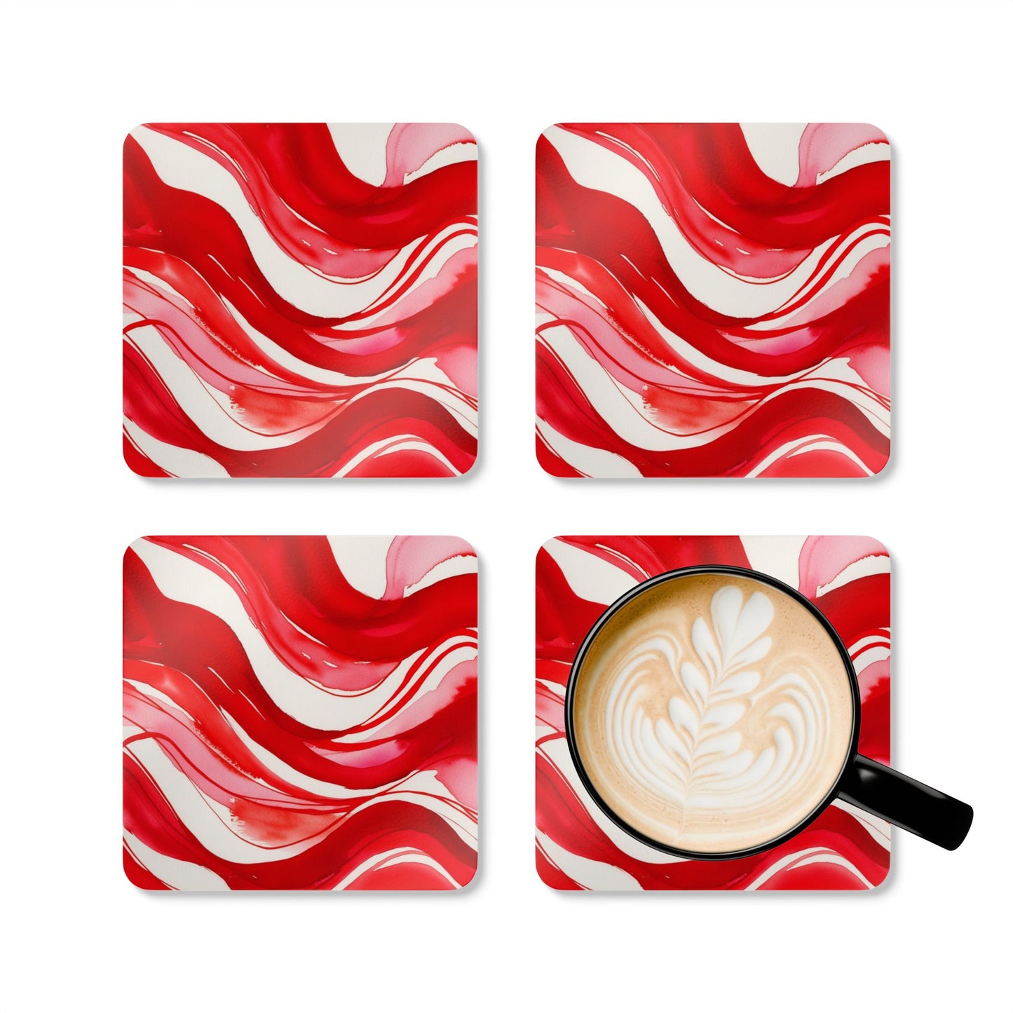 Red and White Watercolour Wavey Patterns - Corkwood Coaster Set