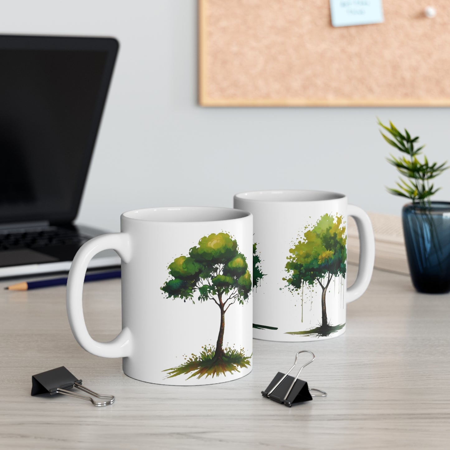 Painted Green Trees Mug - Ceramic Coffee Mug 11oz