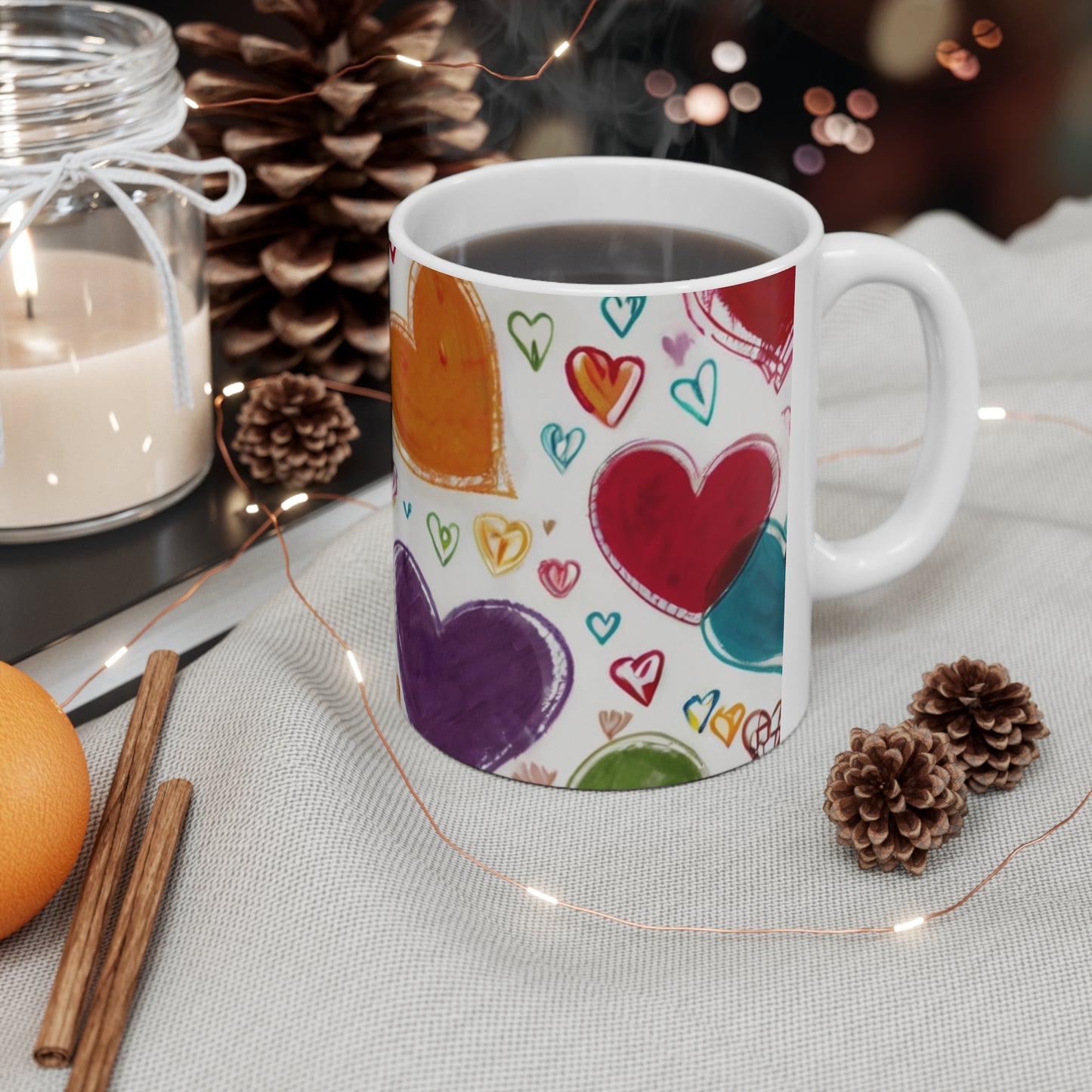 Sketched Colourful Large Love Hearts Mug - Ceramic Coffee Mug 11oz