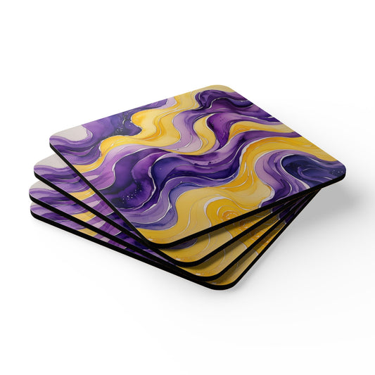 Yellow and Purple Watercolour Wavey Patterns - Corkwood Coaster Set