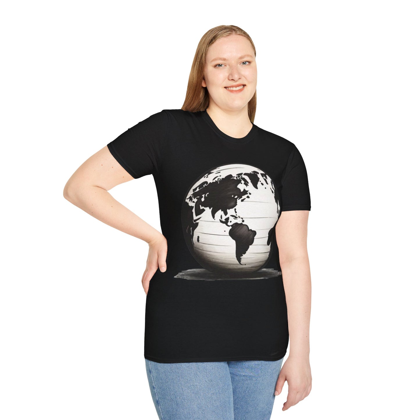 Black and White Earth Sphere Sketch - Unisex T-Shirt