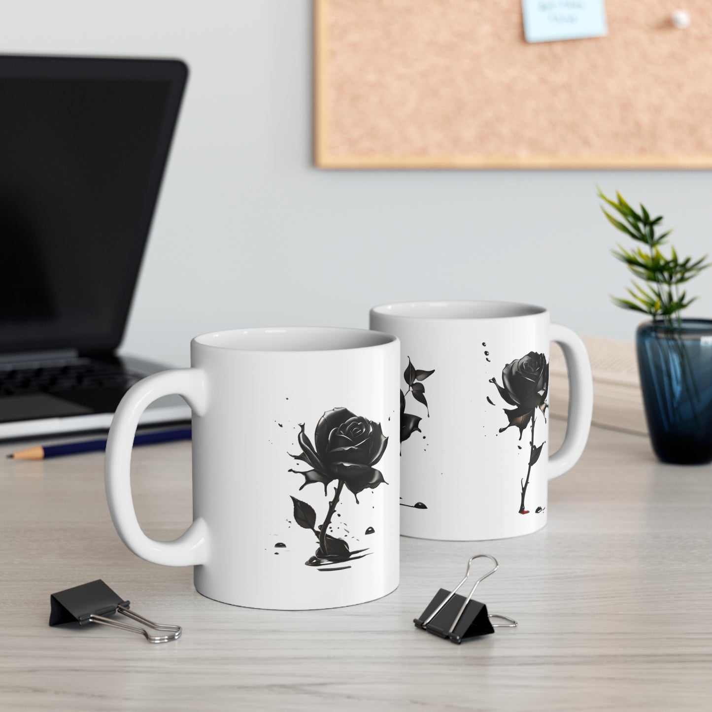 Splatter Black Rose Mug - Ceramic Coffee Mug 11oz