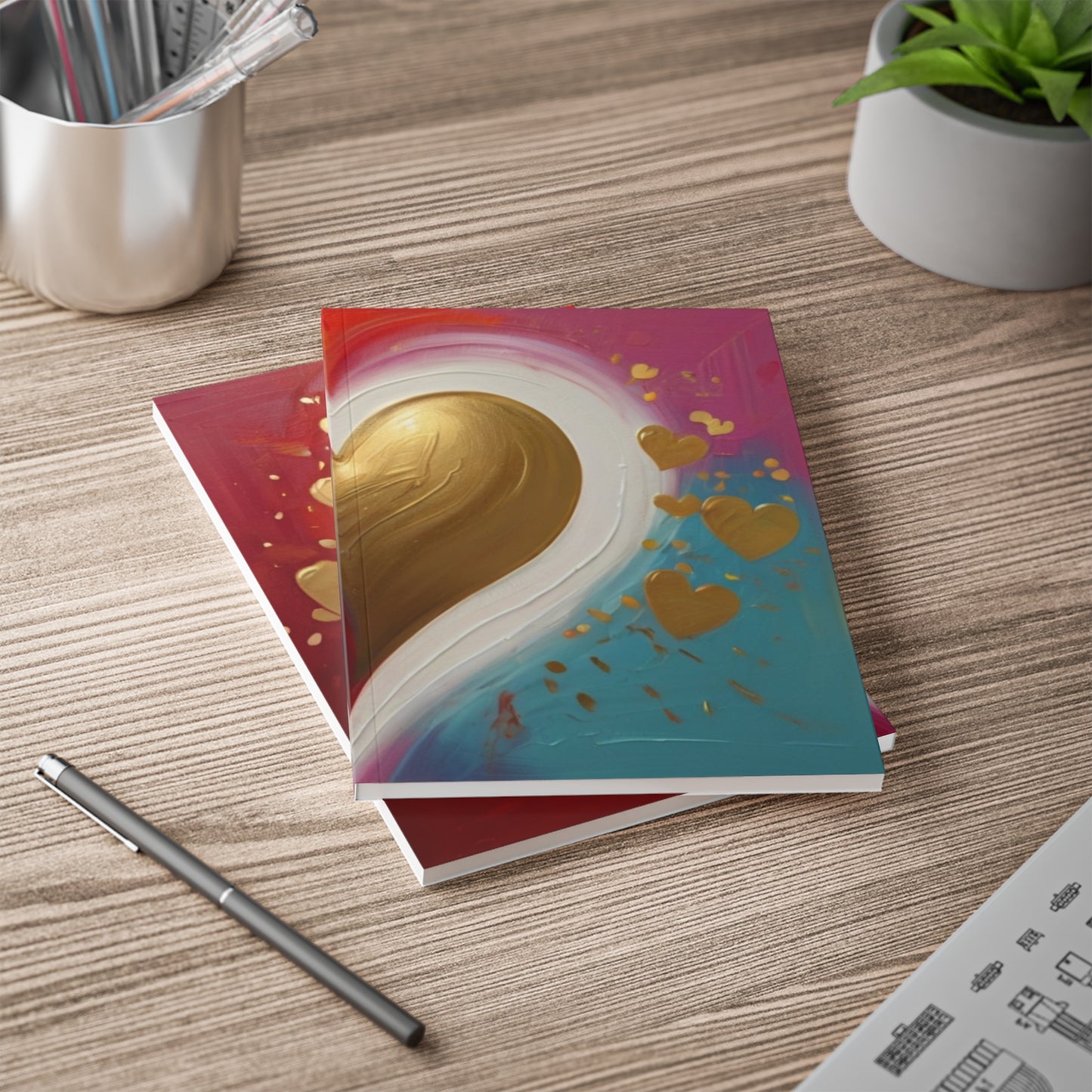 Gold Painted Love Heart - Softcover Notebook, A5