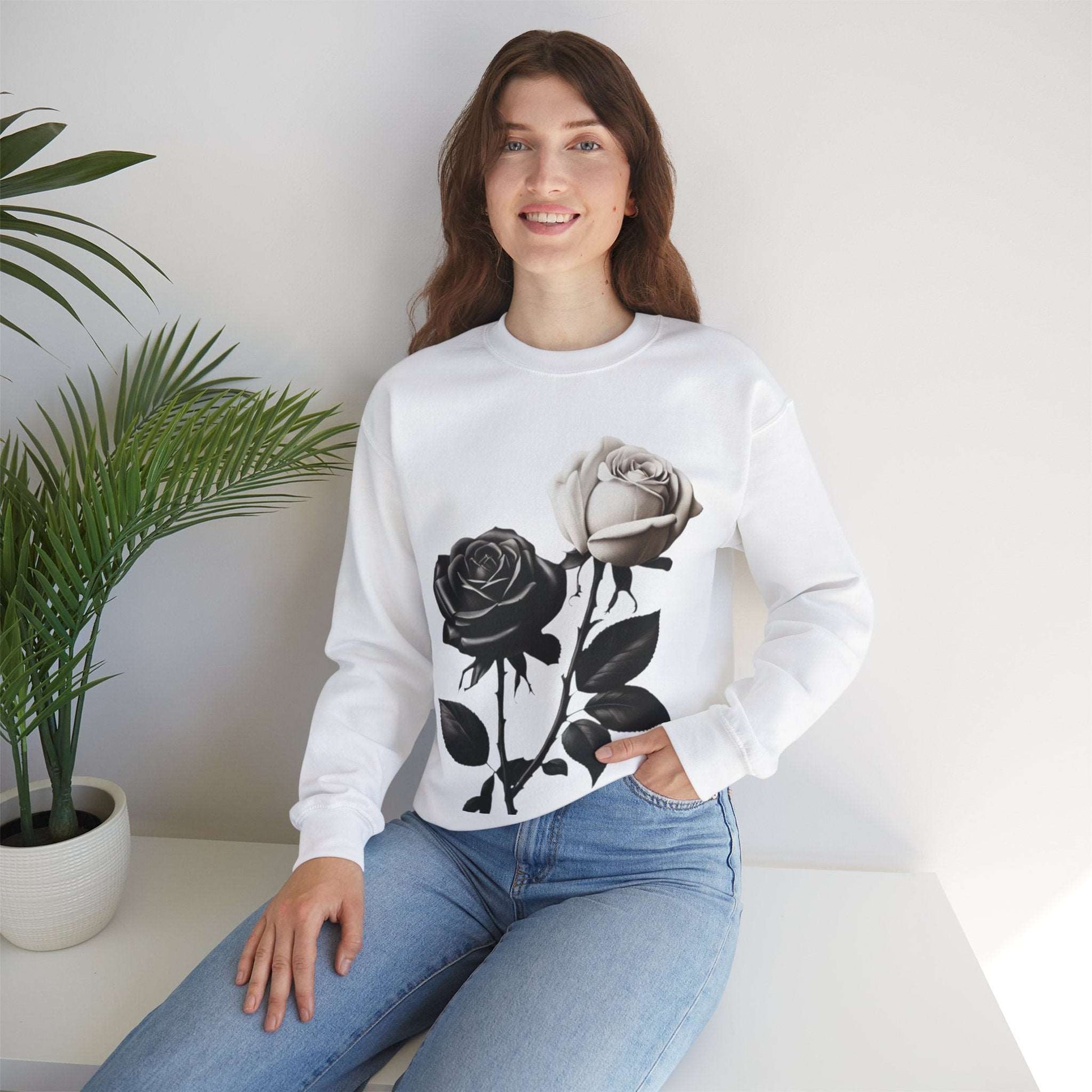 Black and White Rose - Unisex Crewneck Sweatshirt