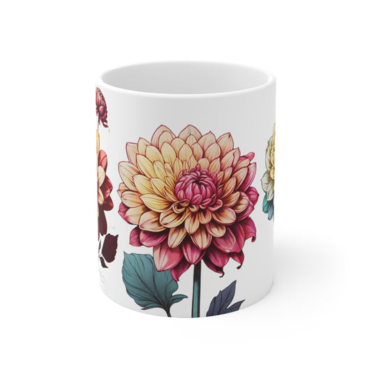 Colourful Dahlia Flowers Mug - Ceramic Coffee Mug 11oz