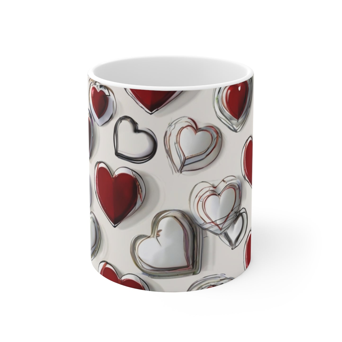 Red And White Love Hearts Mug - Ceramic Coffee Mug 11oz