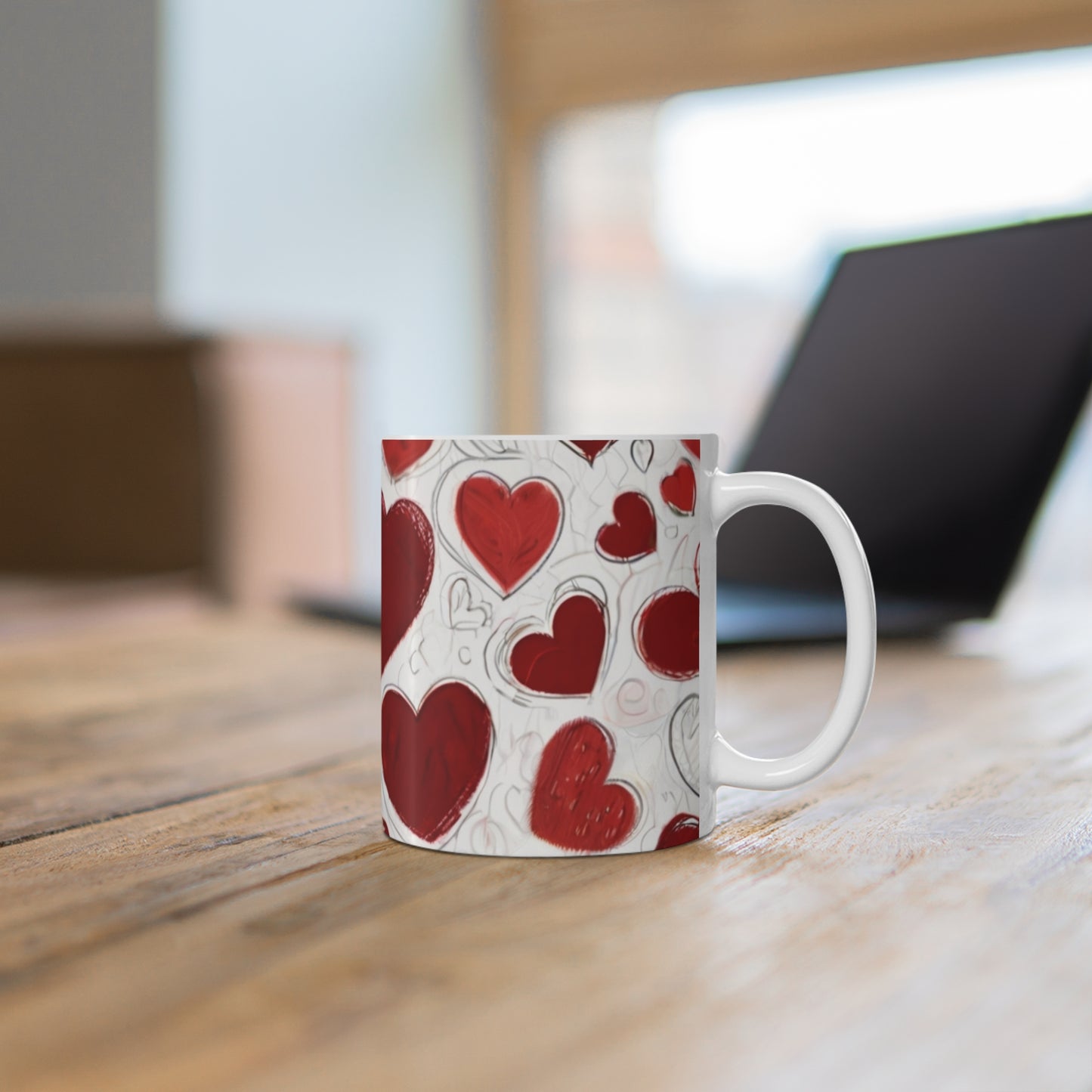 Sketched Red Love Hearts Mug - Ceramic Coffee Mug 11oz