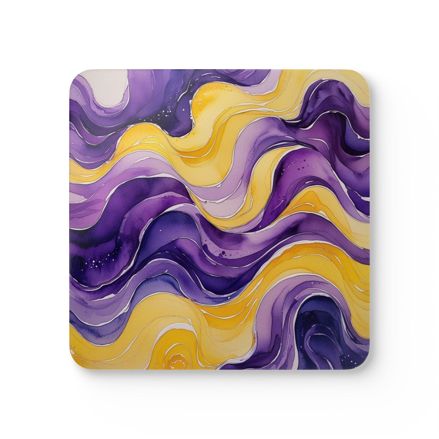 Yellow and Purple Watercolour Wavey Patterns - Corkwood Coaster Set