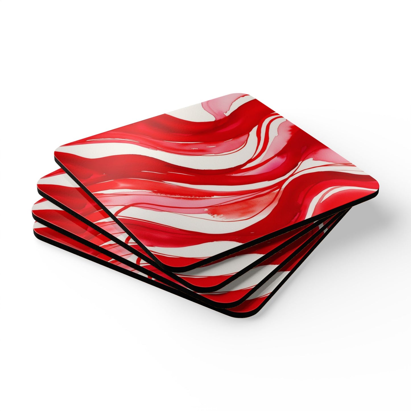 Red and White Watercolour Wavey Patterns - Corkwood Coaster Set