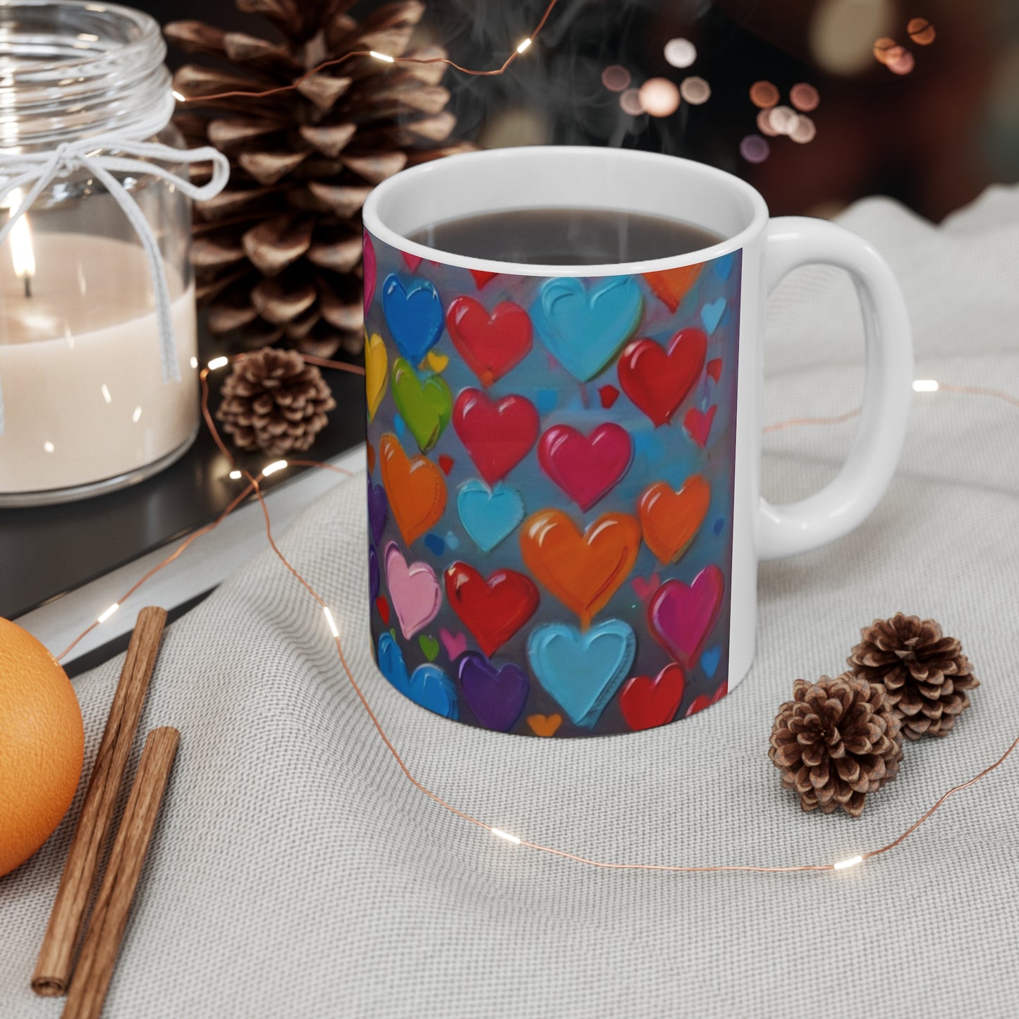Colourful Painted Love Hearts Mug - Ceramic Coffee Mug 11oz