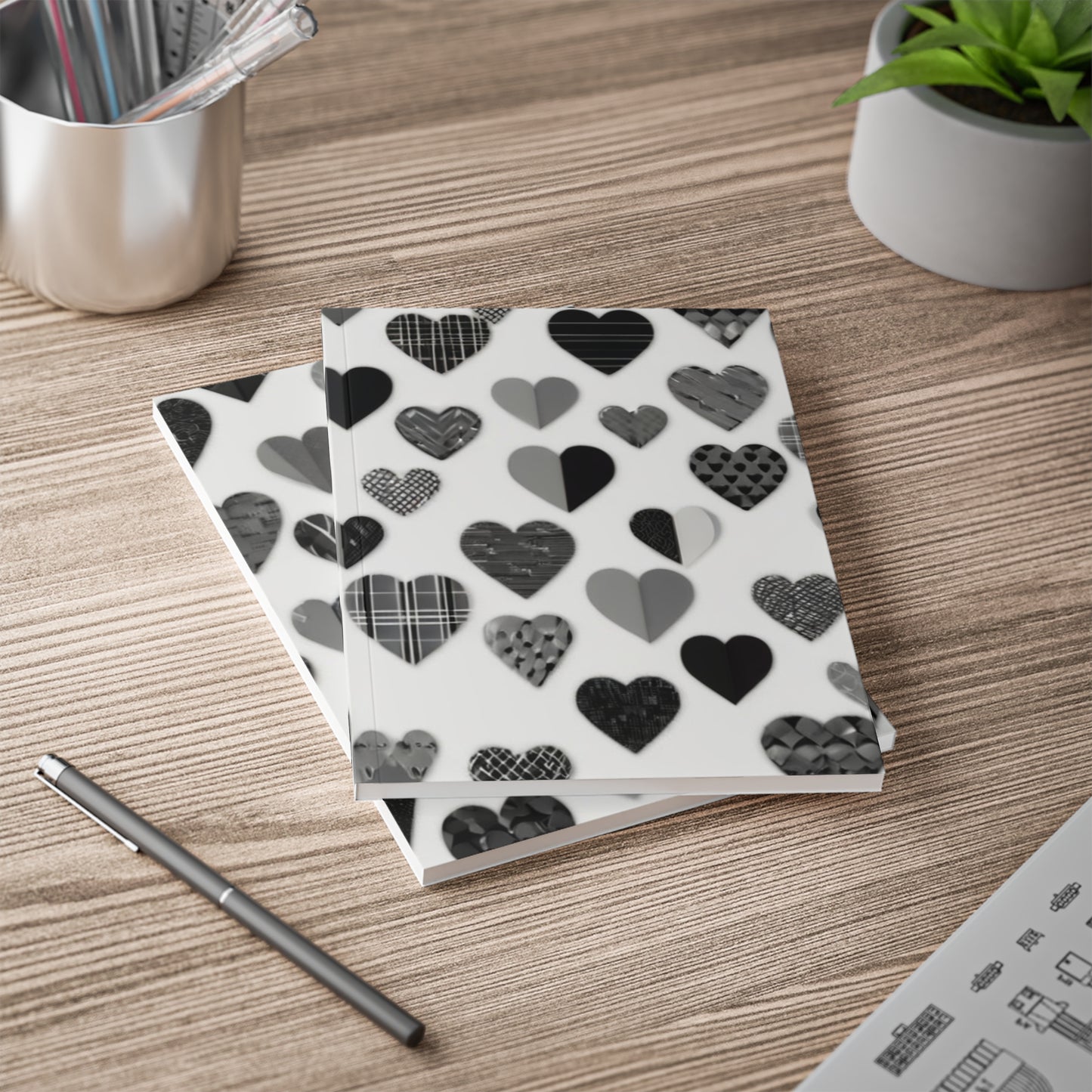 Greyscale Small Love Hearts - Softcover Notebook, A5