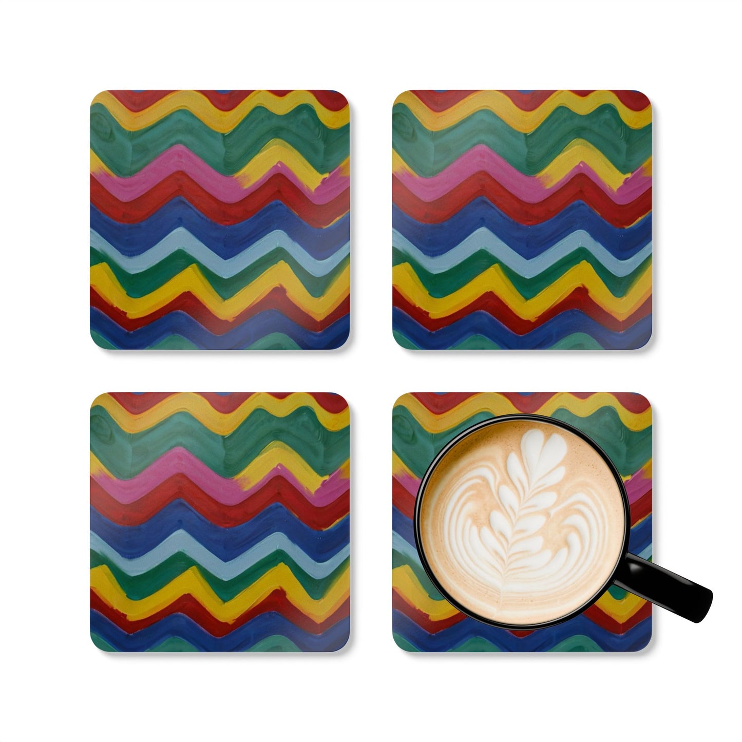 Multicoloured Paint Zigzag - Corkwood Coaster Set