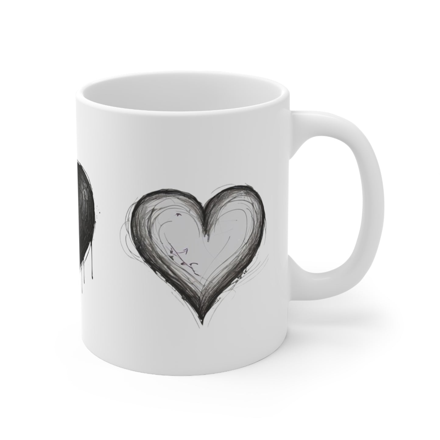 Sketched Love Hearts Mug, Black and White - Ceramic Coffee Mug 11oz