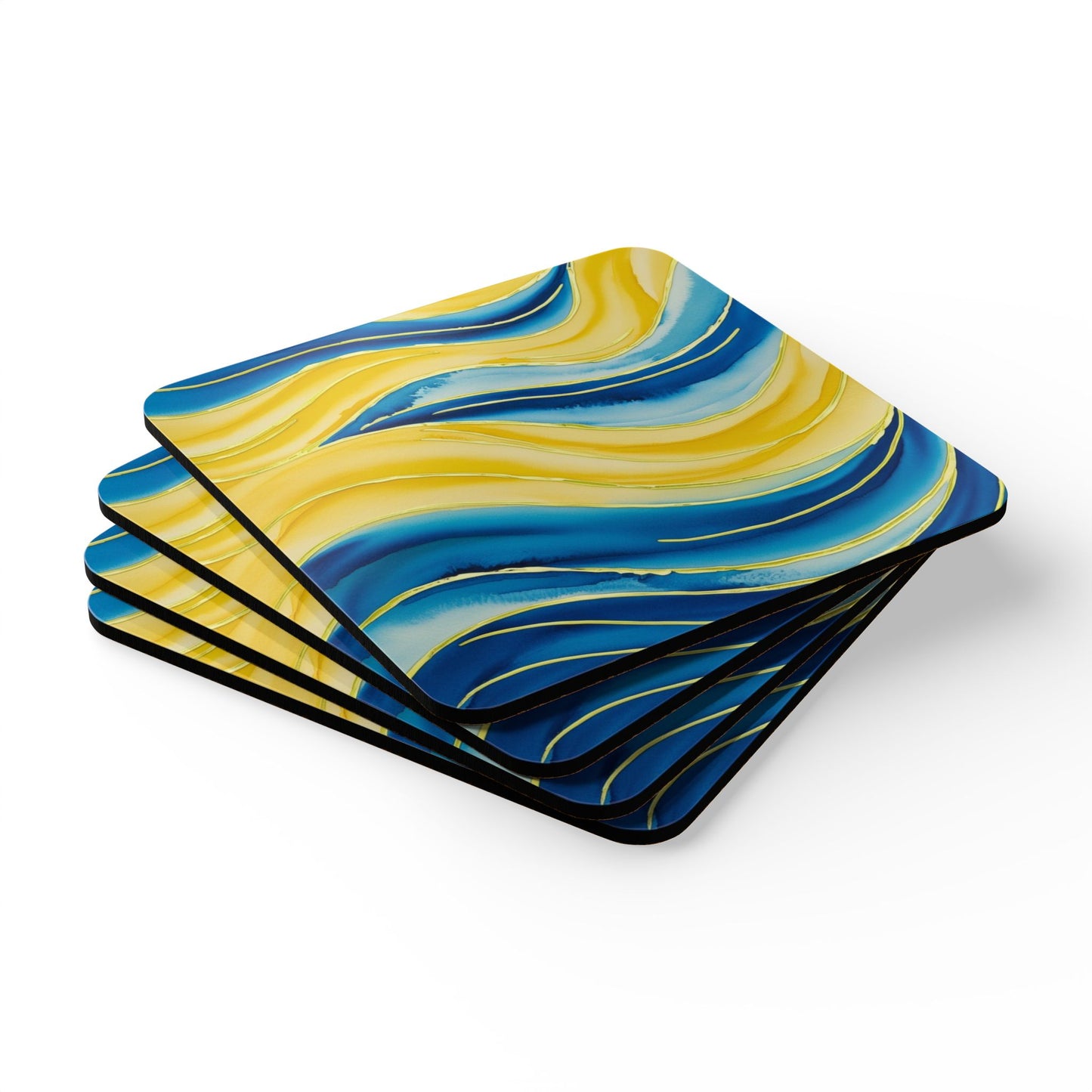 Blue and Yellow Watercolour Wavey Patterns - Corkwood Coaster Set