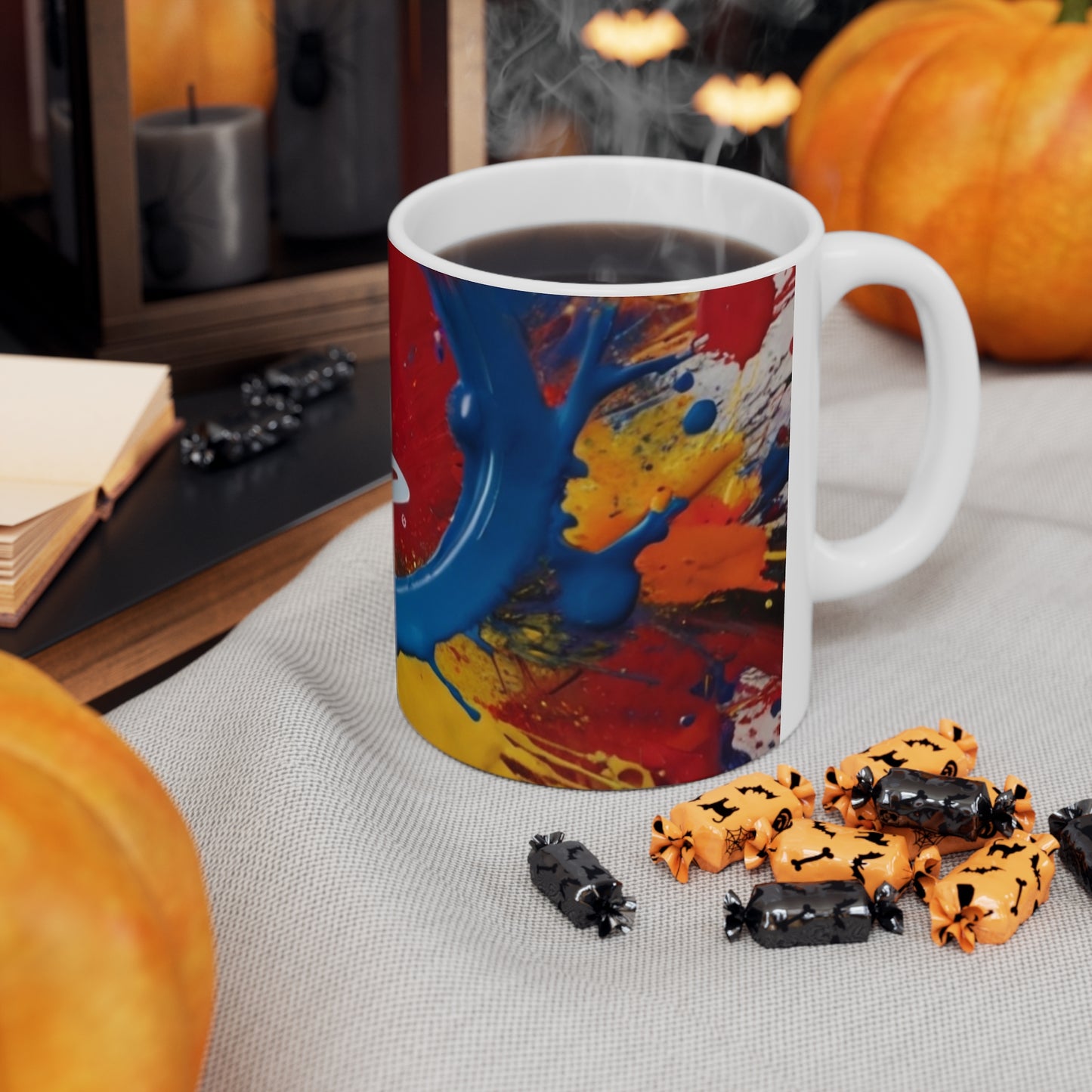 Small PlayStation Logo, Messy Paint Background Mug - Ceramic Coffee Mug 11oz