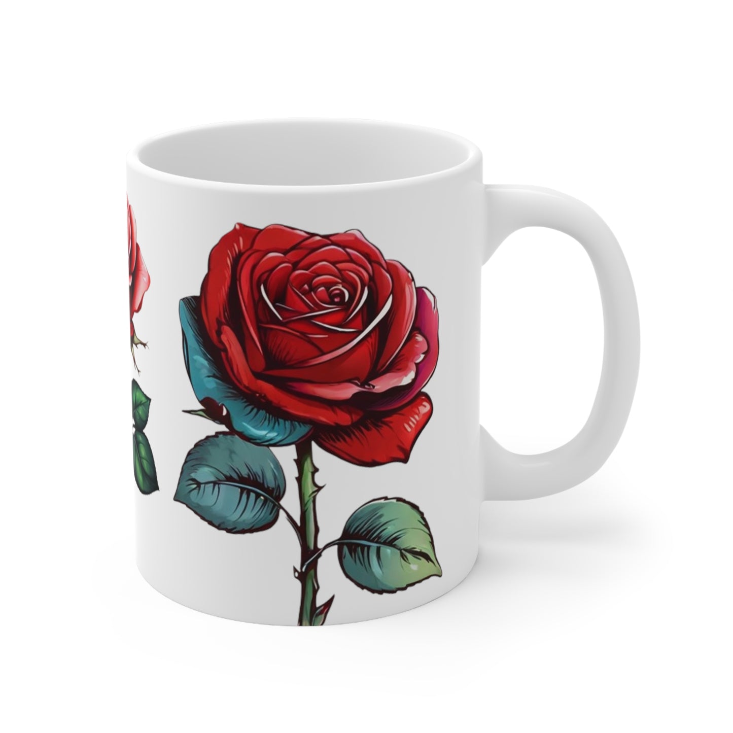 Hand Drawn Red Rose Mug - Ceramic Coffee Mug 11oz