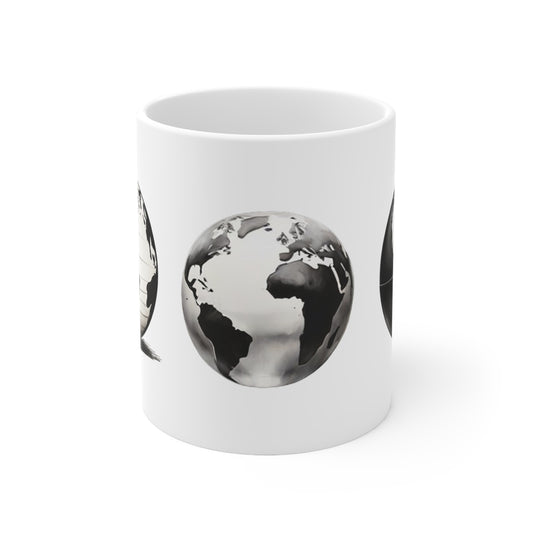 Black and White World Globe Mug - Ceramic Coffee Mug 11oz