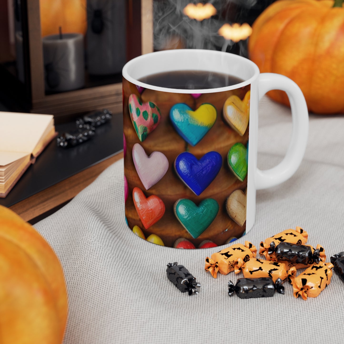 Colourful Wooden Love Hearts Mug - Ceramic Coffee Mug 11oz