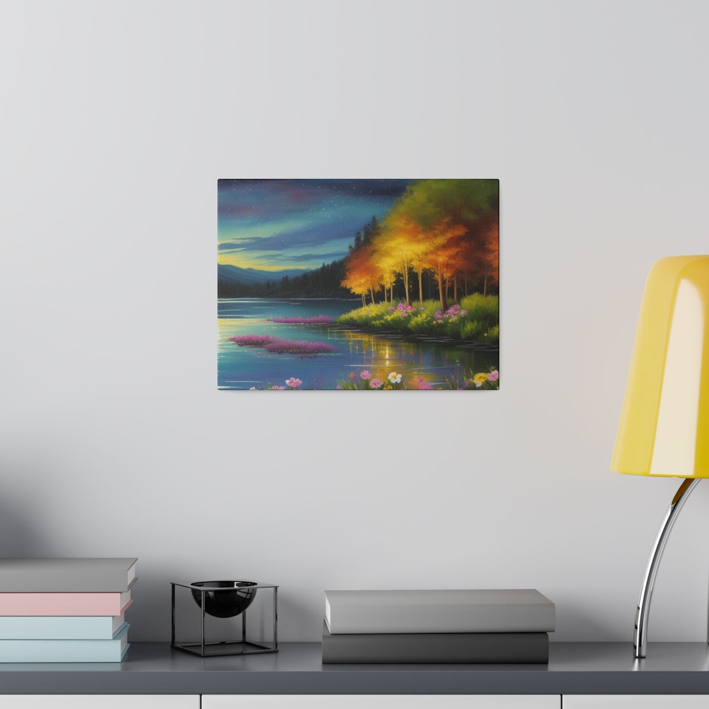 Trees And Flowers By A Lake During Sunset - Matte Canvas, Stretched, 0.75"