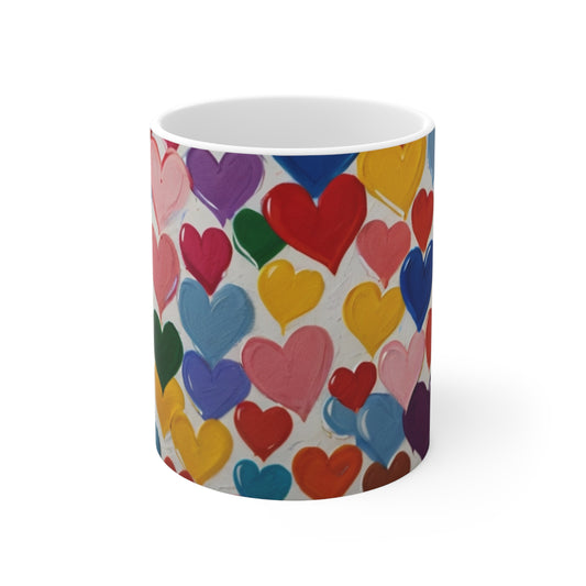White Background Colourful Love Hearts Mug - Ceramic Coffee Mug 11oz