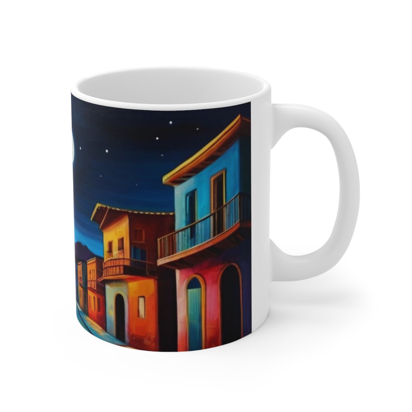 Full Moon Above Colourful Town Mug - Ceramic Coffee Mug 11oz