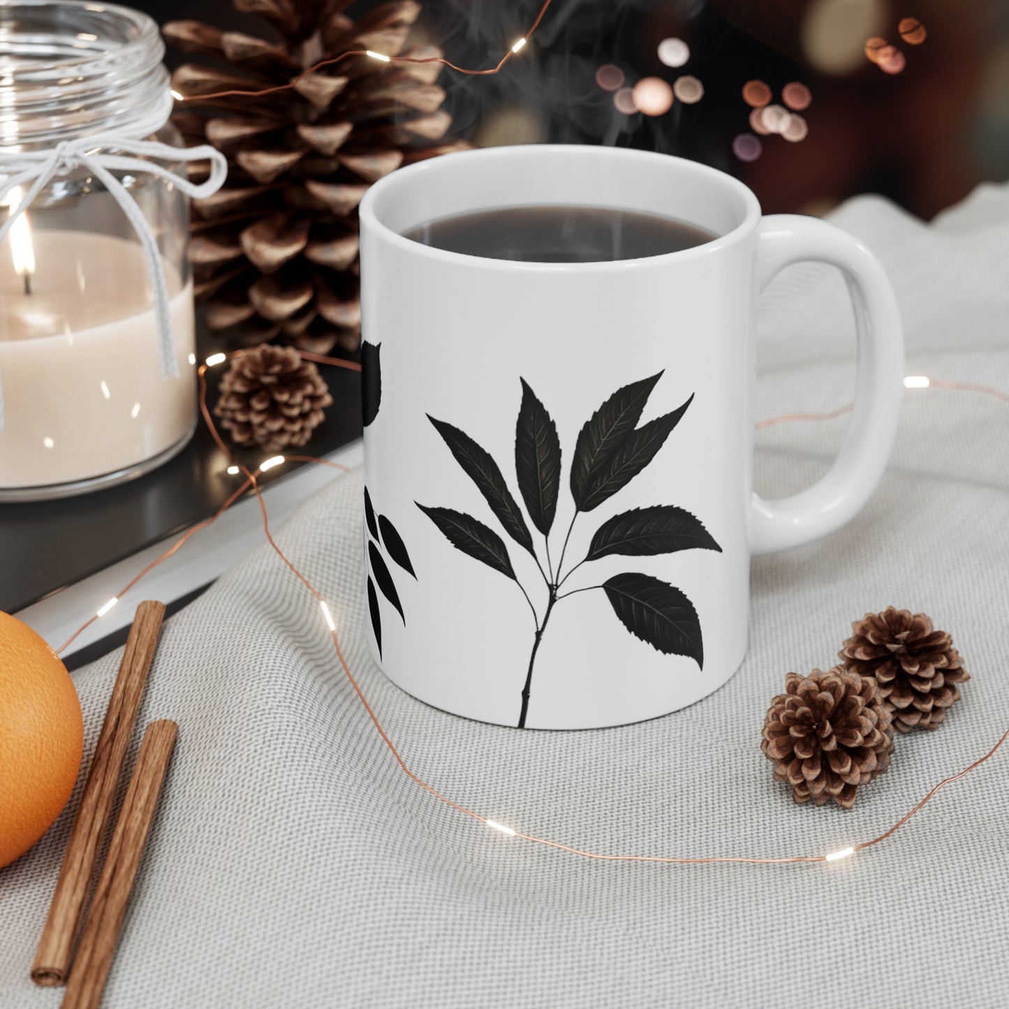 Black and White Leaves Mug - Ceramic Coffee Mug 11oz