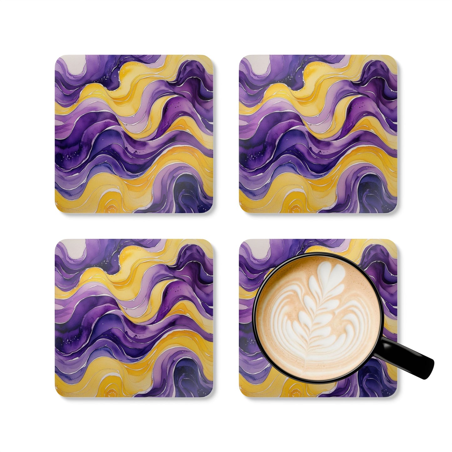 Yellow and Purple Watercolour Wavey Patterns - Corkwood Coaster Set