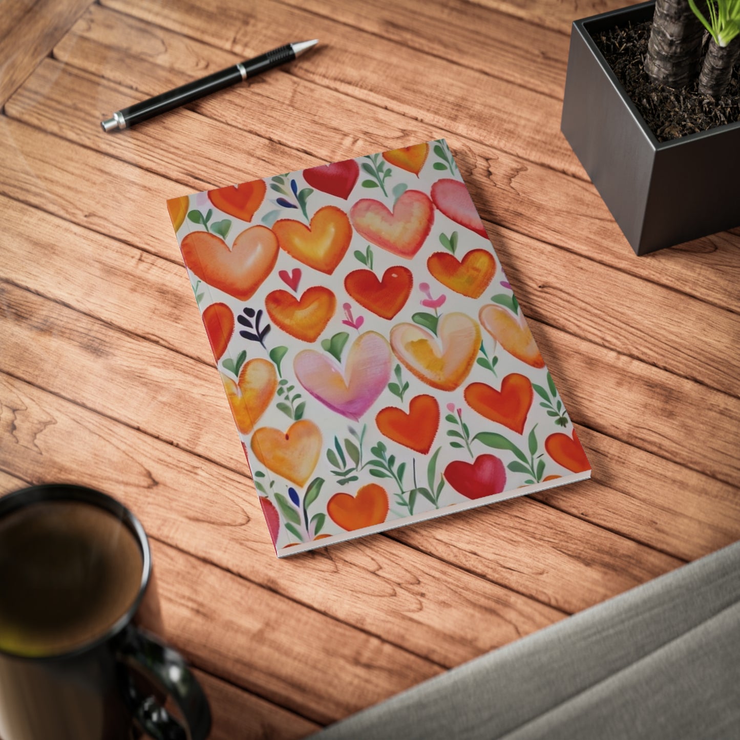 Watercolour Orange And Pink Hearts - Softcover Notebook, A5