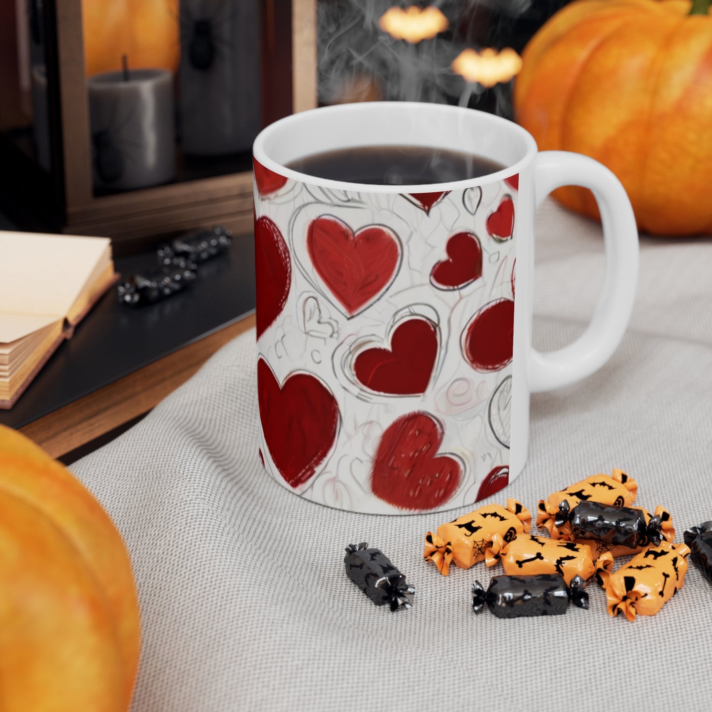 Sketched Red Love Hearts Mug - Ceramic Coffee Mug 11oz