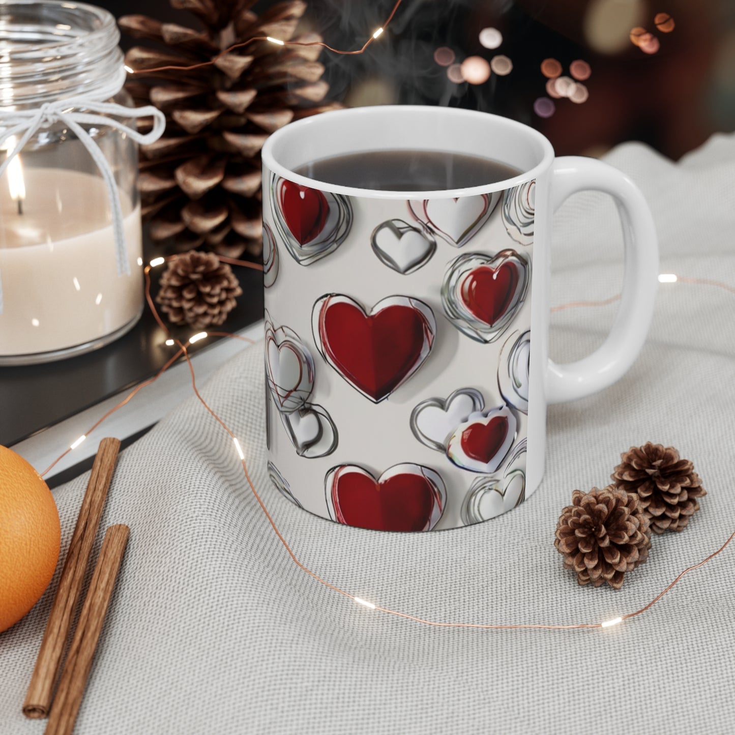 Red And White Love Hearts Mug - Ceramic Coffee Mug 11oz