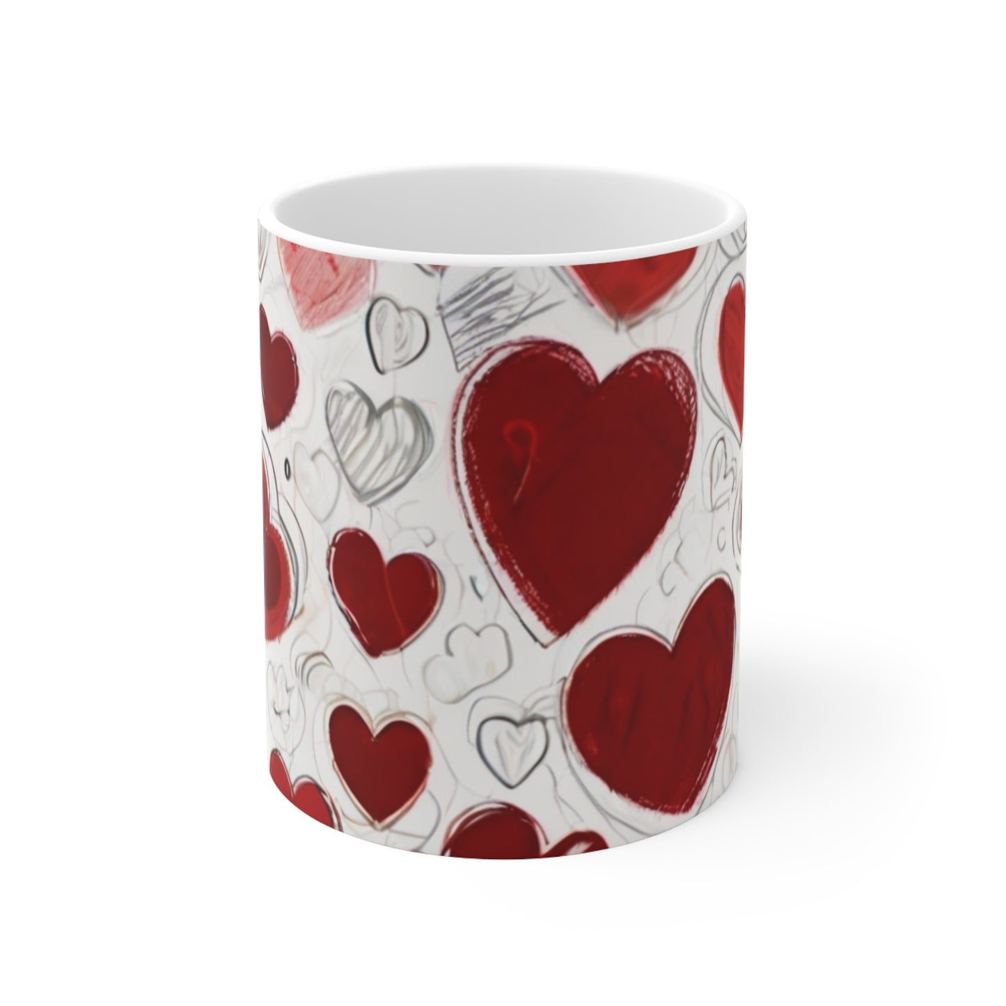 Sketched Red Love Hearts Mug - Ceramic Coffee Mug 11oz