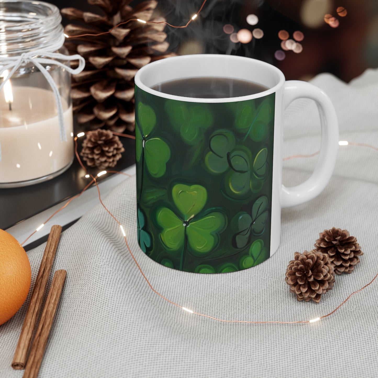 Green Clovers Paint Style Mug - Ceramic Coffee Mug 11oz