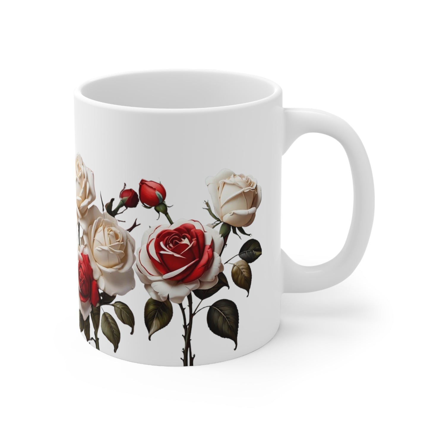 Red and White Roses Mug - Ceramic Coffee Mug 11oz