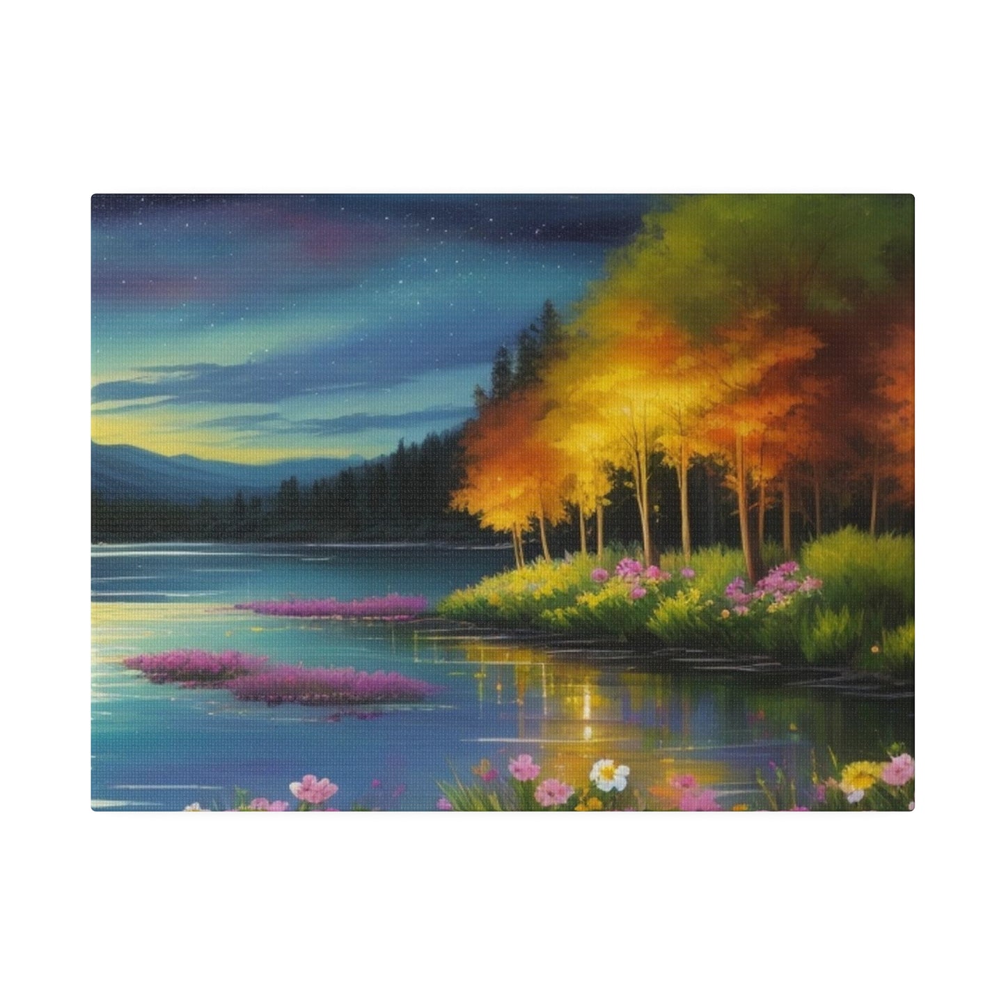 Trees And Flowers By A Lake During Sunset - Matte Canvas, Stretched, 0.75"