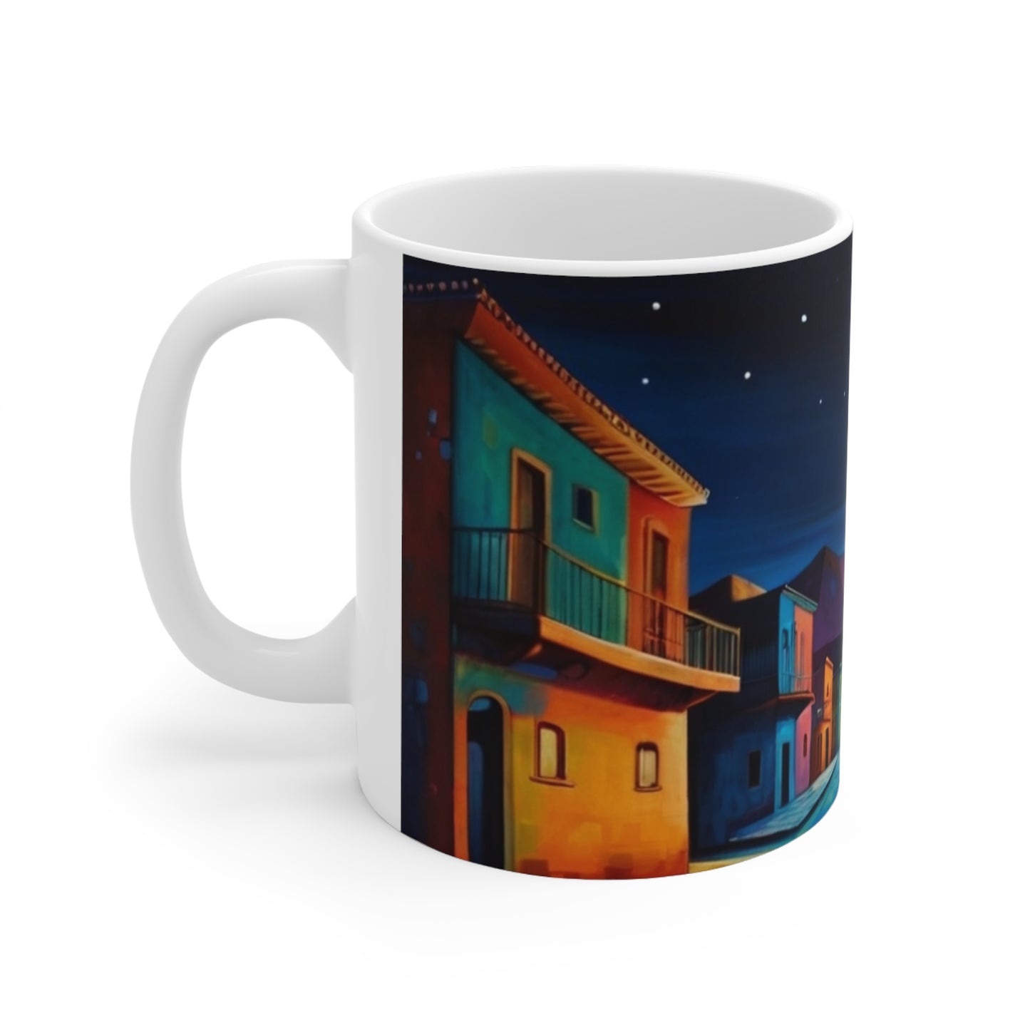 Full Moon Above Colourful Town Mug - Ceramic Coffee Mug 11oz
