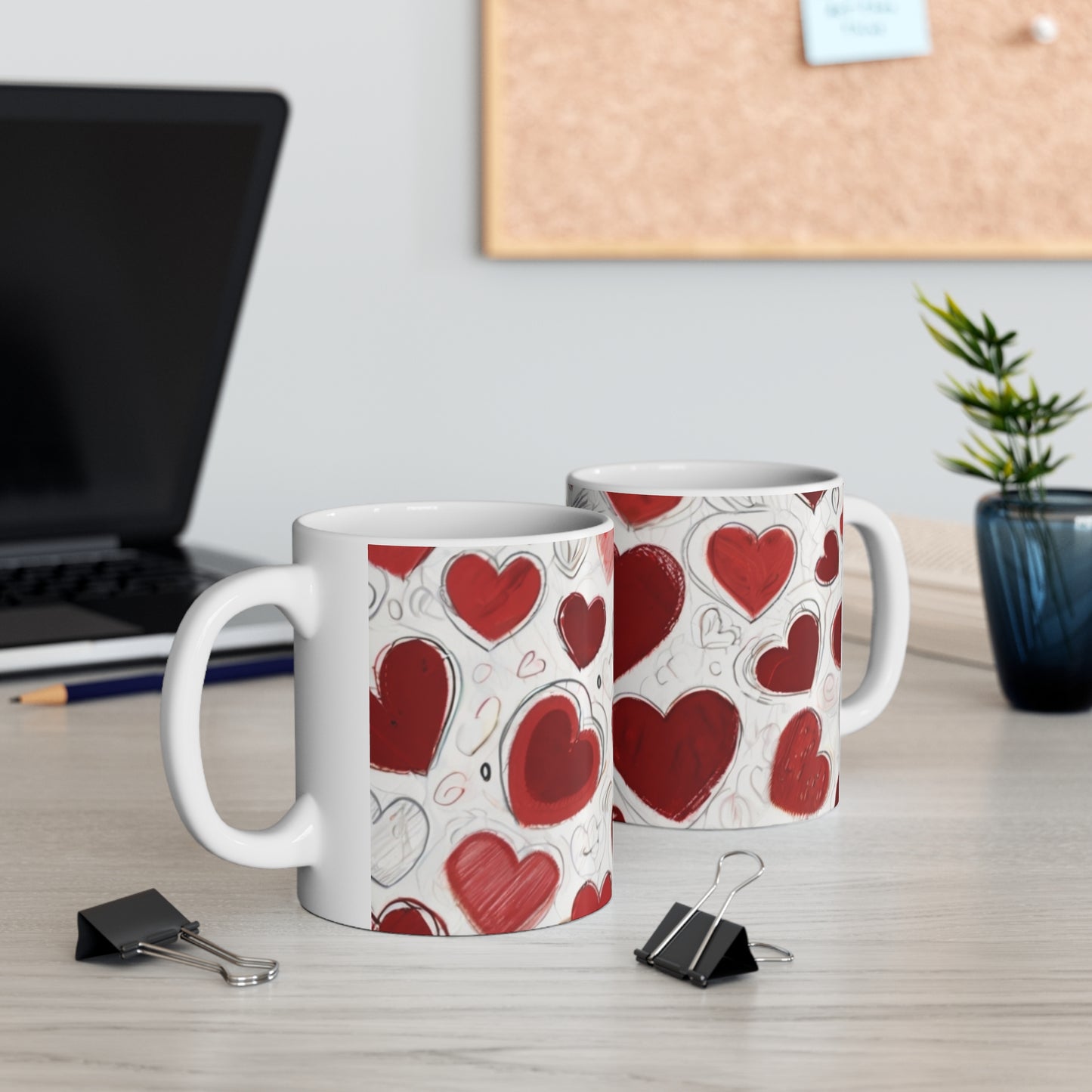 Sketched Red Love Hearts Mug - Ceramic Coffee Mug 11oz