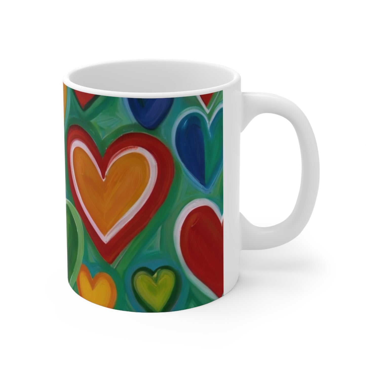 Green Background Love Hearts Mug - Ceramic Coffee Mug 11oz