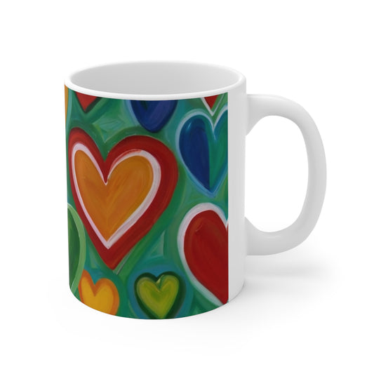 Green Background Love Hearts Mug - Ceramic Coffee Mug 11oz