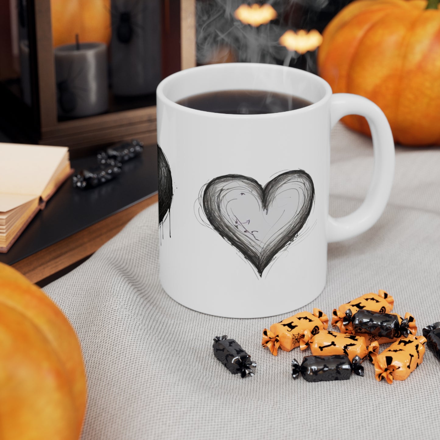 Sketched Love Hearts Mug, Black and White - Ceramic Coffee Mug 11oz